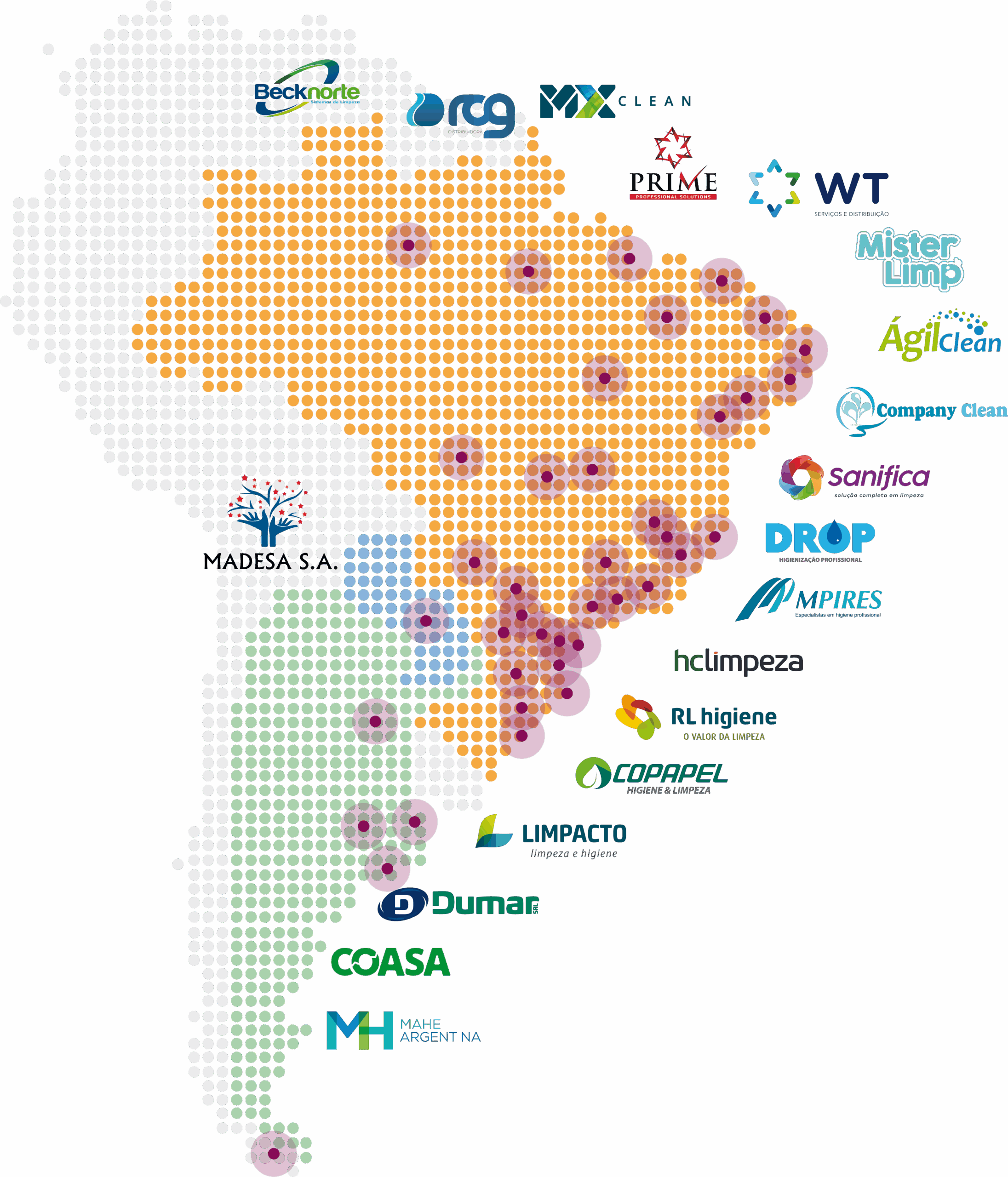Mapa da América do Sul com a rede de distribuidores ALLIA e suas marcas parceiras